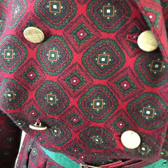 Vintage 70s 80s Schrader Sport Double Breasted Pleated Secretary Dress Red Green - Picture 9 of 10